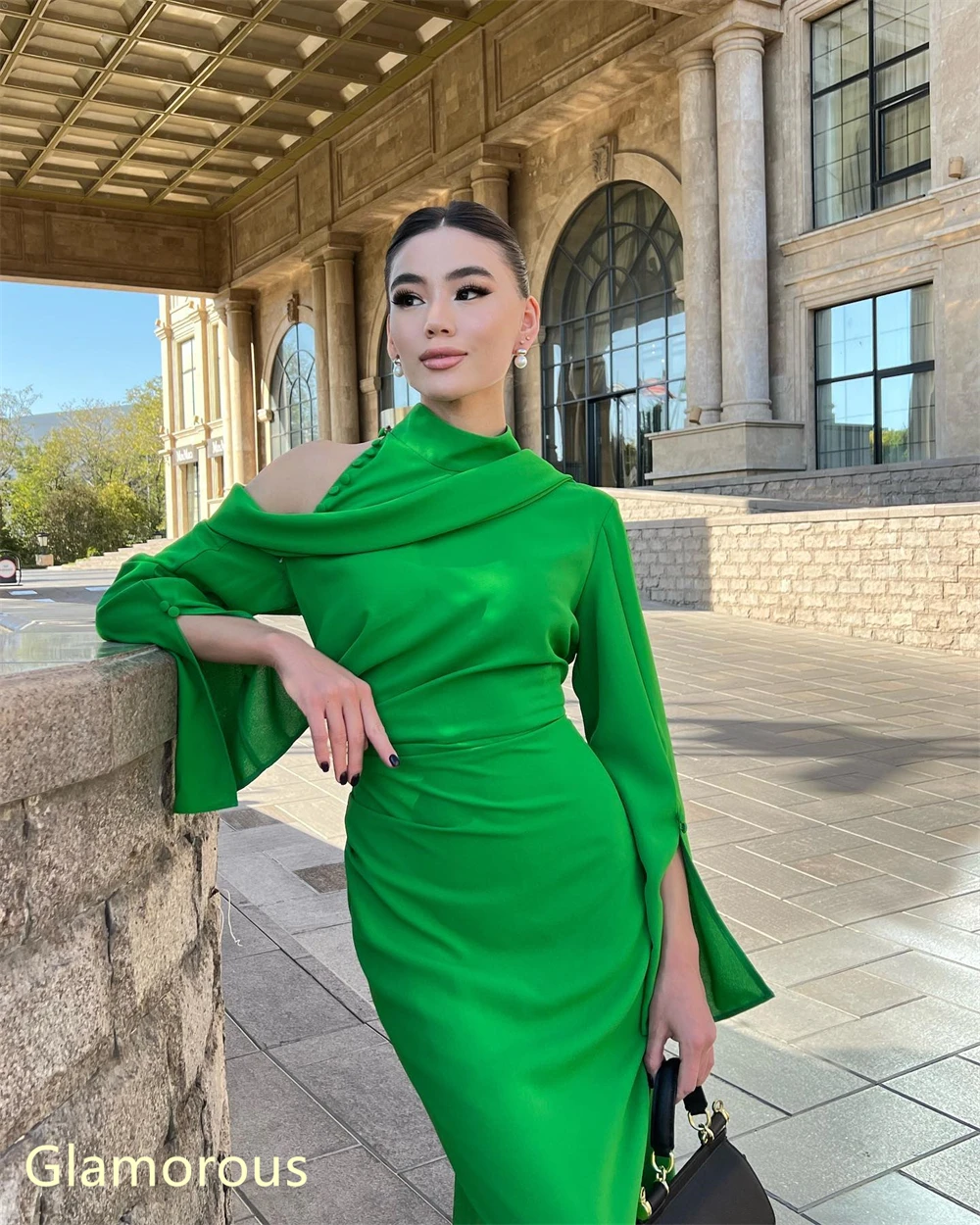 Customized  Simple Green Jersey Evening Dress Exquisite High Collar Long Sleeves Homecoming Dresses Luxury Vestido De F image 6
