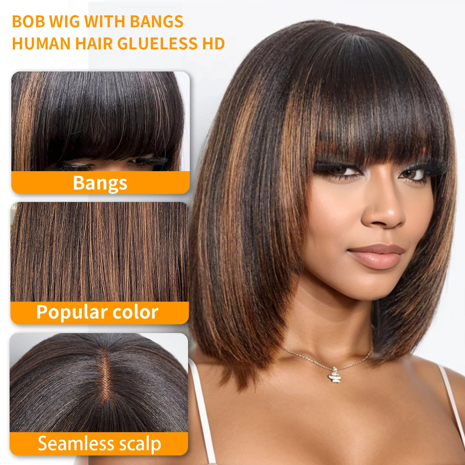 Brown Highlight Straight Bob Wig Human Hair Glueless Wigs with Bangs 2x1 Lace Wig Layered Cut Wig Bob Short Bob Wig 250% Density