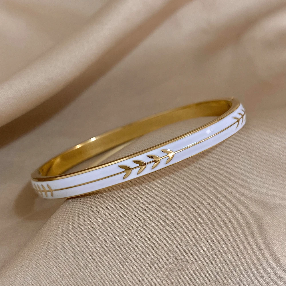 Fashion Enamel Painted Leaf Stainless Steel Bangle Women Vintage Wheat Arrow Ornament Cuff Bracelets Waterproof Golden Wristband