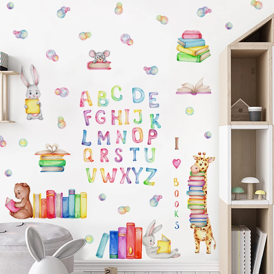 Cartoon Animals Reading Colored Letter Bubbl Watercolor Wall Sticker  Nursery Baby Kindergarten Art Decal Kids Room Home Decor