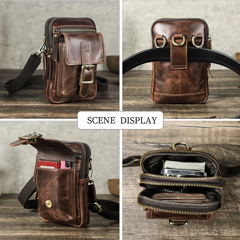 Contact\'s Vintage Men Shoulder Bag Engraving Genuine Leather Flap Small Crossbody Bags For Men Phone Pocket Fanny Pack Waist Bag