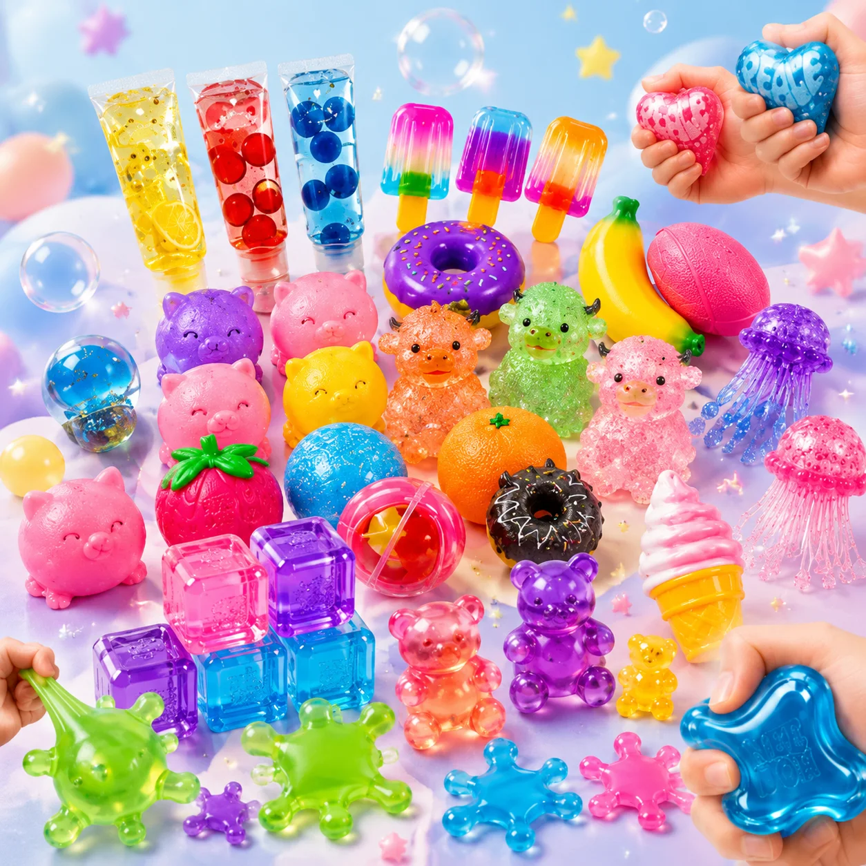 1000+Pcs Random Assorted Fidget Toys, Fun Surprise Novelty Stress Relief Mixed Squishy Figures Set
