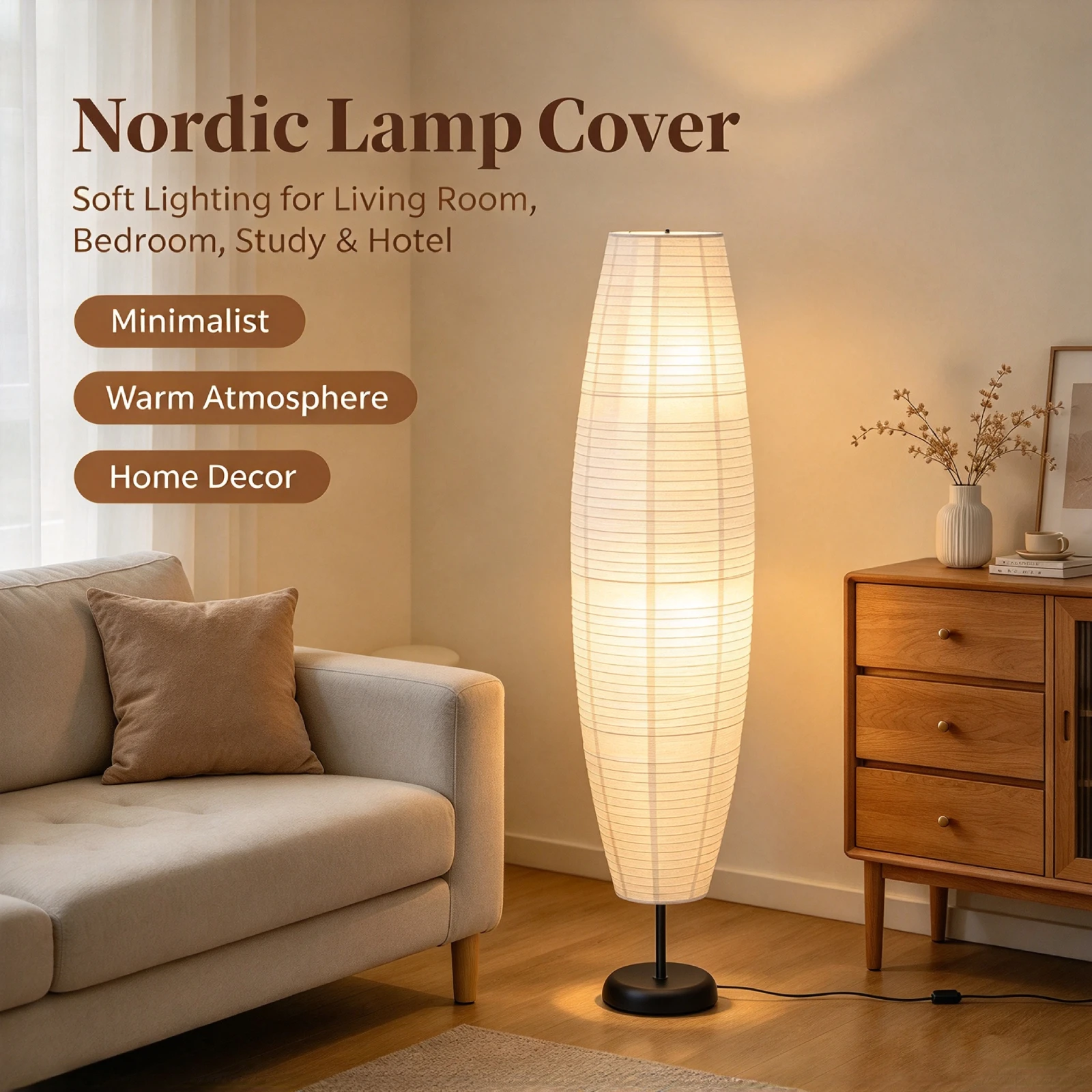 Nordic Style Minimalist Paper Floor Lampshade Unique Rice Paper Lantern Style Lamp Cover Easy Install for Living Room Home Decor