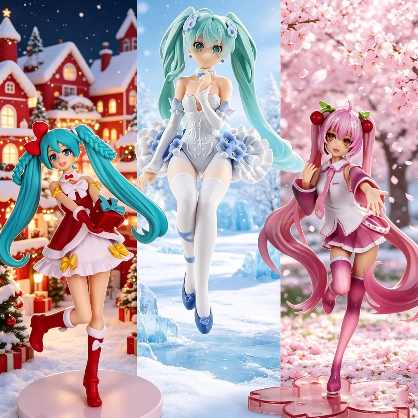 Statue Hatsune Miku Série Anime Tenue de Noël Motif Bleu Fleur & Sakura Pièce de Collection à Exposer pour les Fans Décoration d'Étagère et de Chambre
