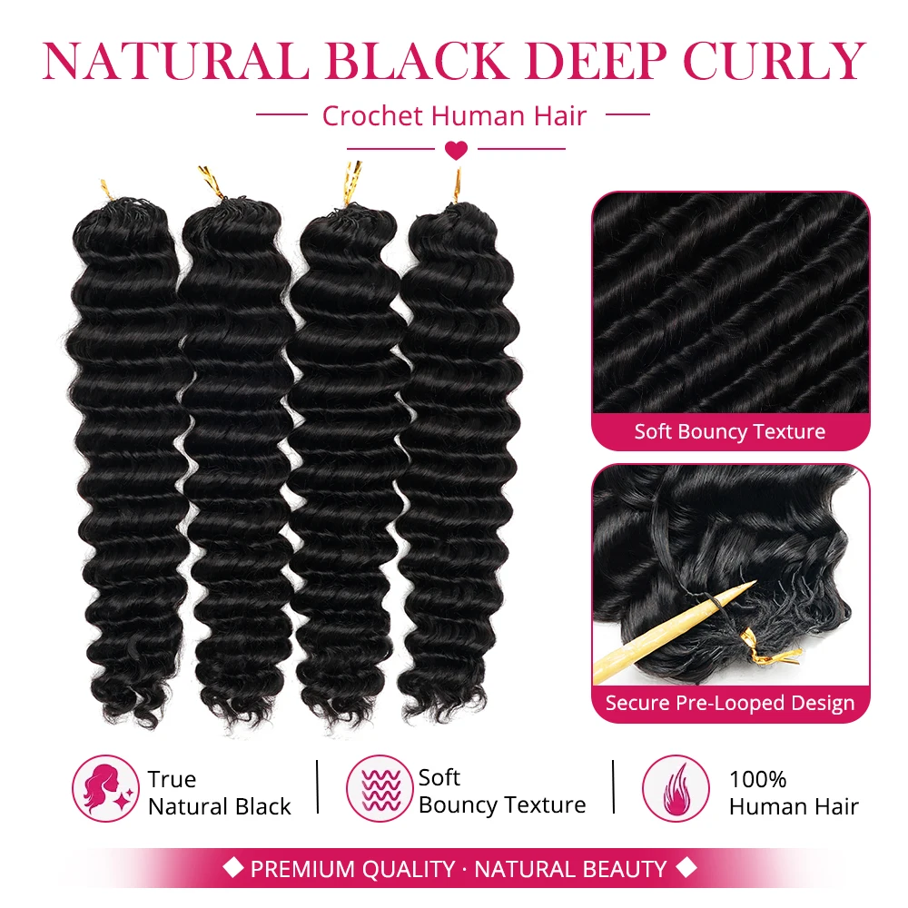 Deep Curly Crochet Human Hair Miracle Knots Feathered Burmese Curly Crochet Hair 16 18 20 Inch Natural Black Color 100% Human Hair Pre-Separated Crochet Braids Curly Wave Hair Extensions Reusable Long Lasting Soft Human Boho Braiding Hair For Black Women