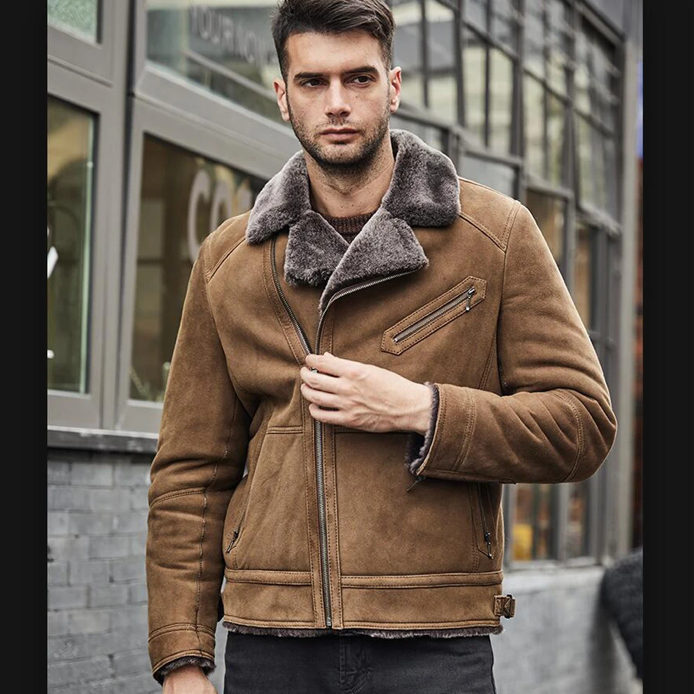 Denny&Dora Mens Shearling Jacket Brown Short Sheepskin Coat For Men Shearling Suede Jacket