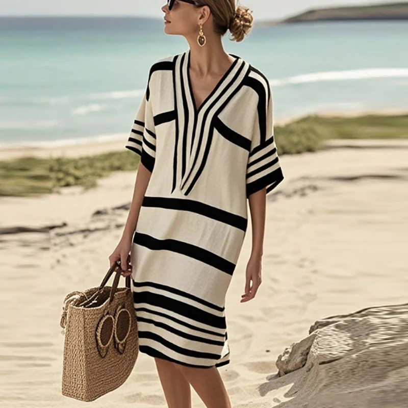 Abito stampato vintage da donna estivo casual mezza manica abiti da vacanza al mare per le donne abiti da pendolarismo larghi con scollo a V Boho