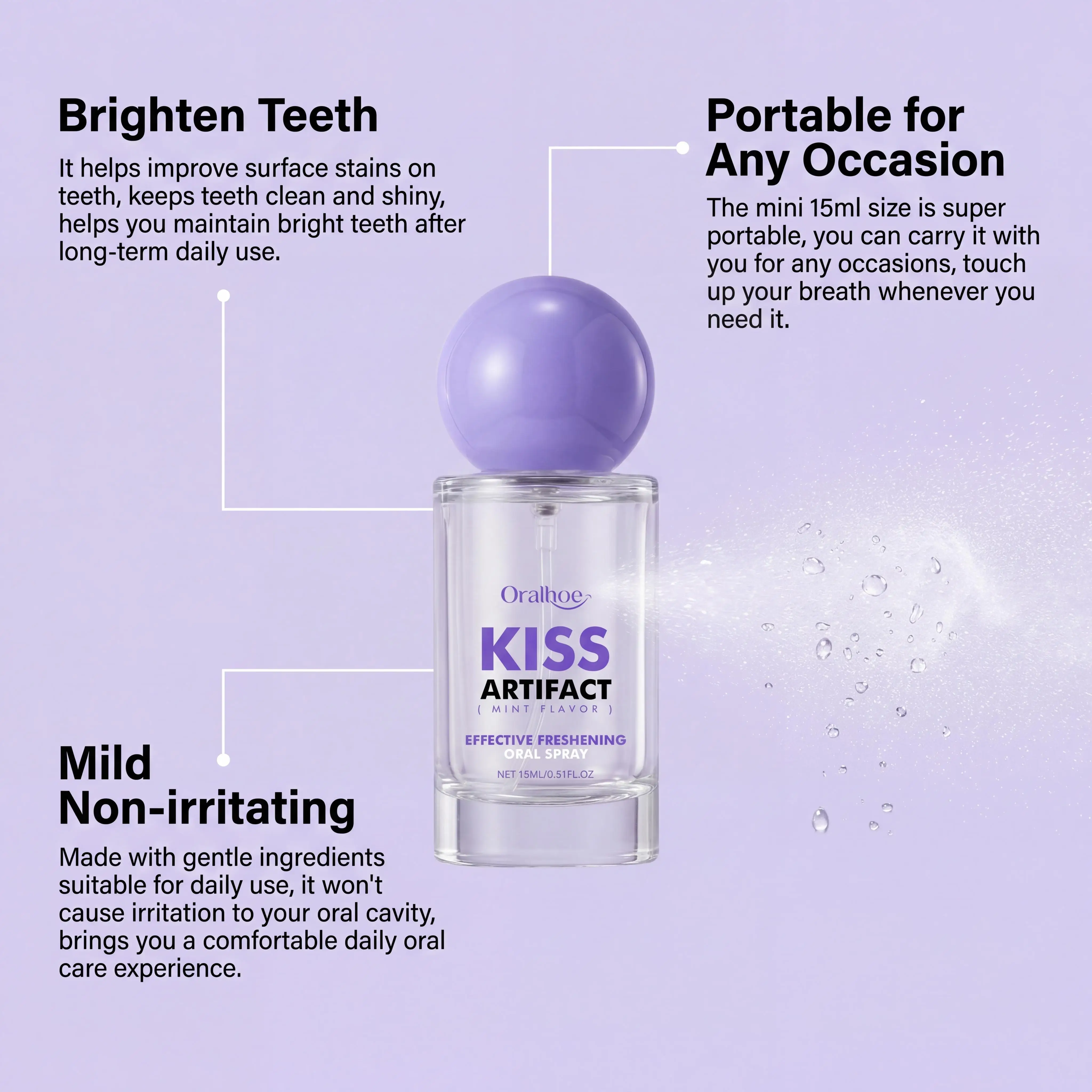 Oralhoe Mint Oral Spray Fresh Breath Long Lasting Gentle Refreshing Instant Hydrating Daily Oral Care Pocket Size Travel Breath Freshener