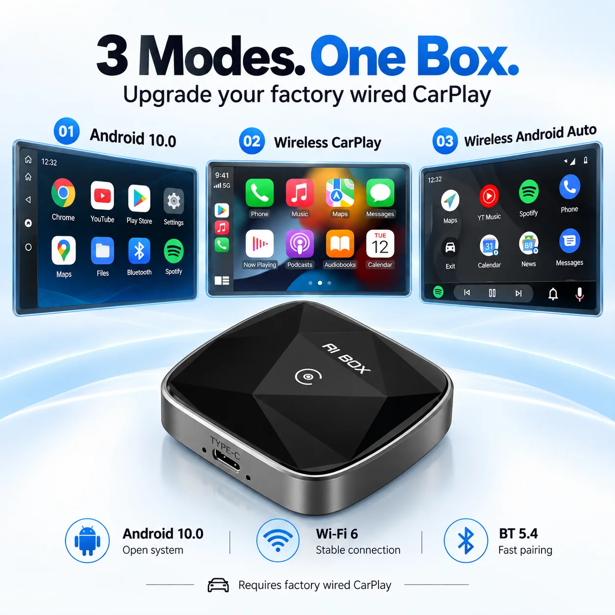 NEW Android10 3in1 CarPlay Ai Box Wireless Android Auto USB-C Adapter 2G 16G For Youtube Netflix Auto Connect Smooth Performance