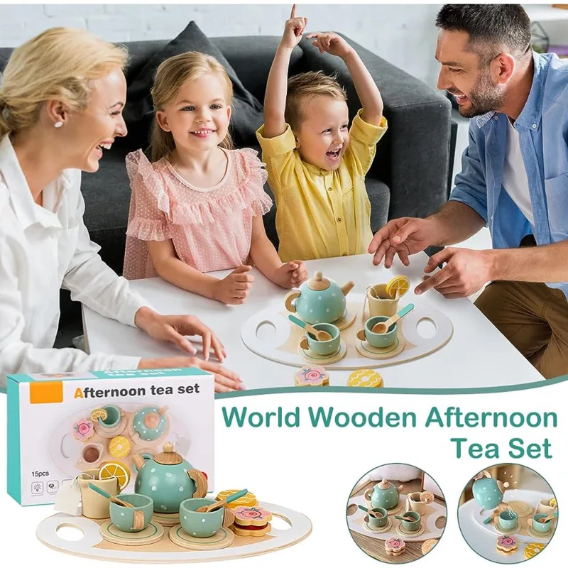 Wooden Afternoon Tea Set Toy Pretend Play Food Learning Role Play Game Early Educational Toys for Toddlers Girls Boys Kids Gifts