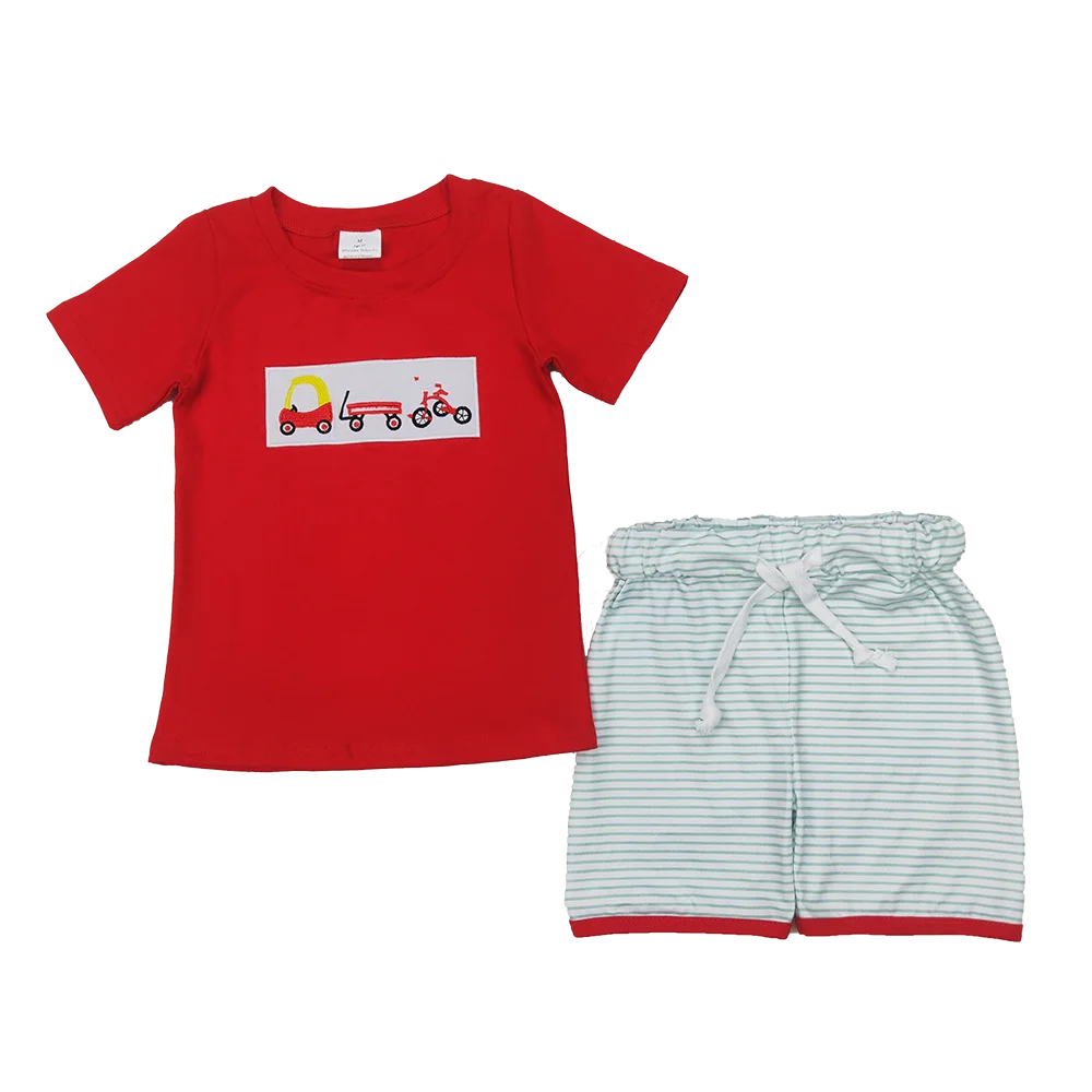 

BSSO1432 Baby Boys Summer Boys Outfits Embroidery Baby Boys Red Trucks Top Blue Stripe Shorts Sets