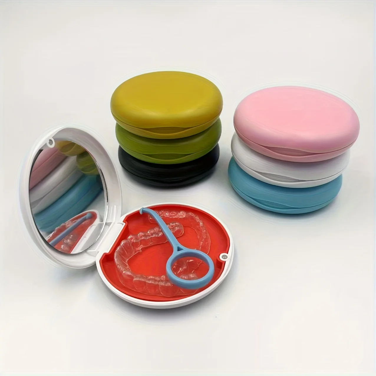 

Dental Invisible Aligner Retainer Storage Case Portable Plastic Holder with Built-in Mirror for Dentures Orthodontic Appliances