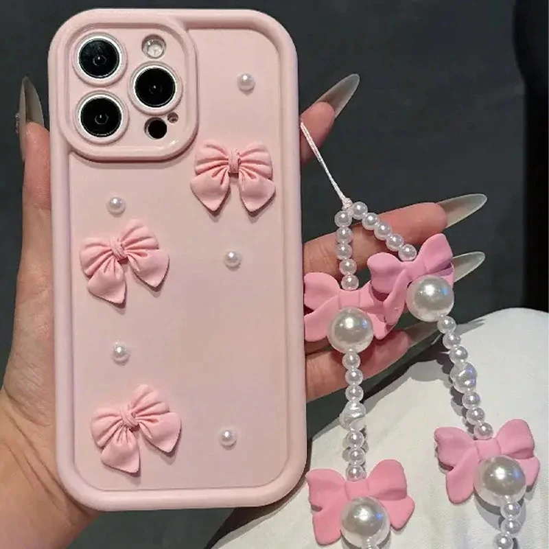 Koreanische 3D-Schleifen-Perlen-Silikon-Handyhülle für iPhone 18 16 17 Pro 15 14 13 12 11 Pro Max 16E 7 8 Plus mit Lanyard, weiche Hülle