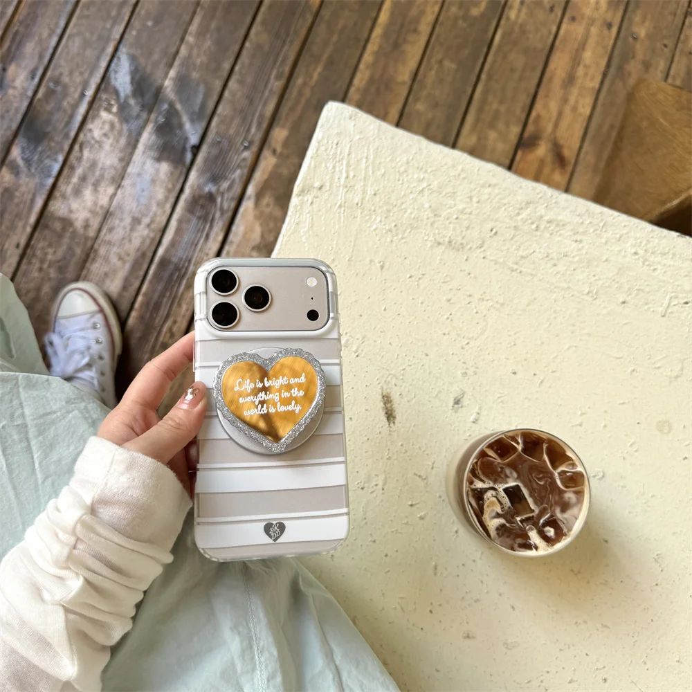 

INS Luxury Fashion Horizontal Stripe with Fro Magnetic Mirror Bracket Case Suitable for iPhone 17 Pro Max 15/16 13/14 ProMax Ant