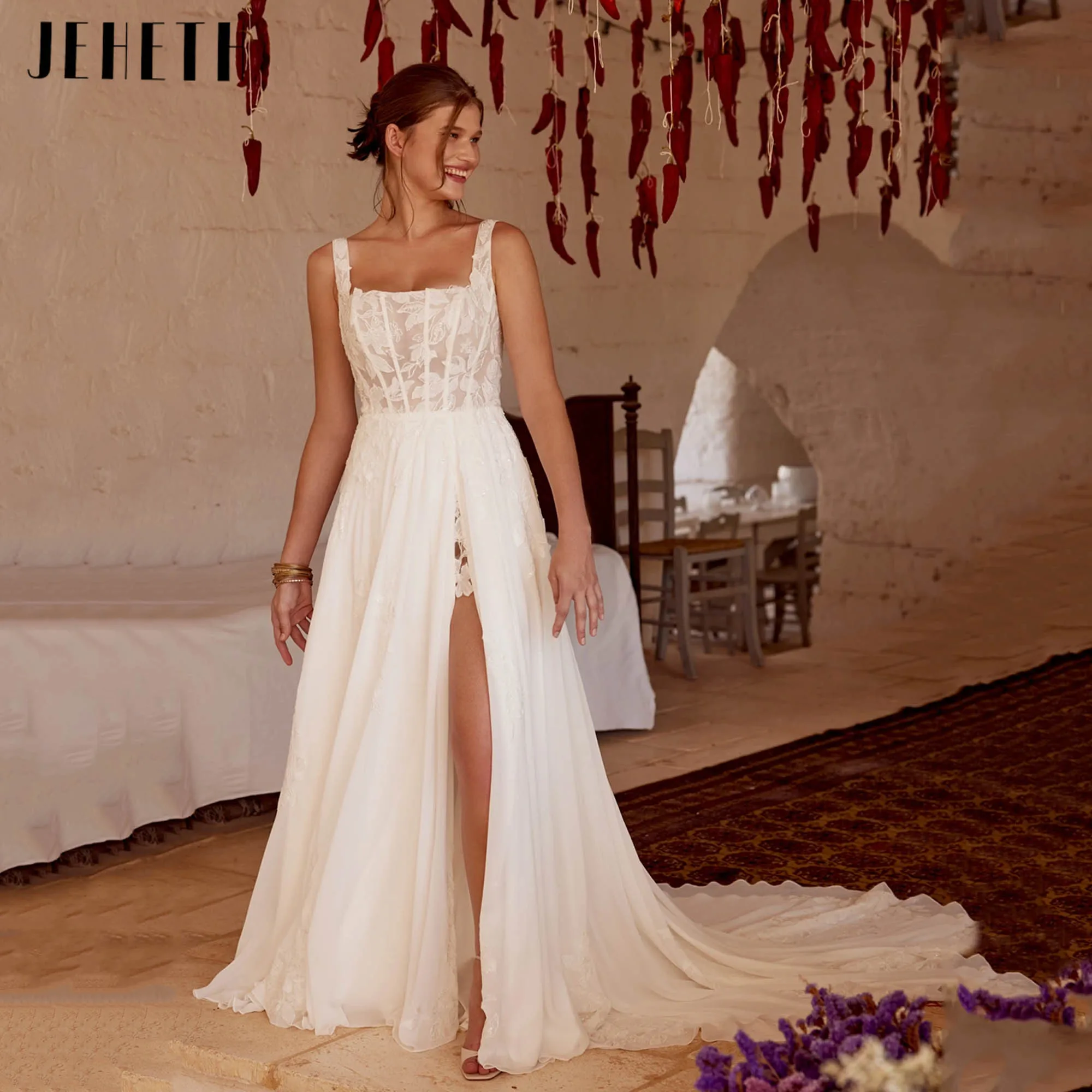 

JEHETH Airy A-line Chiffon Wedding Dresses Square Neck Classic Appliques Bridal Gowns Wide Straps vestidos de novia Customized