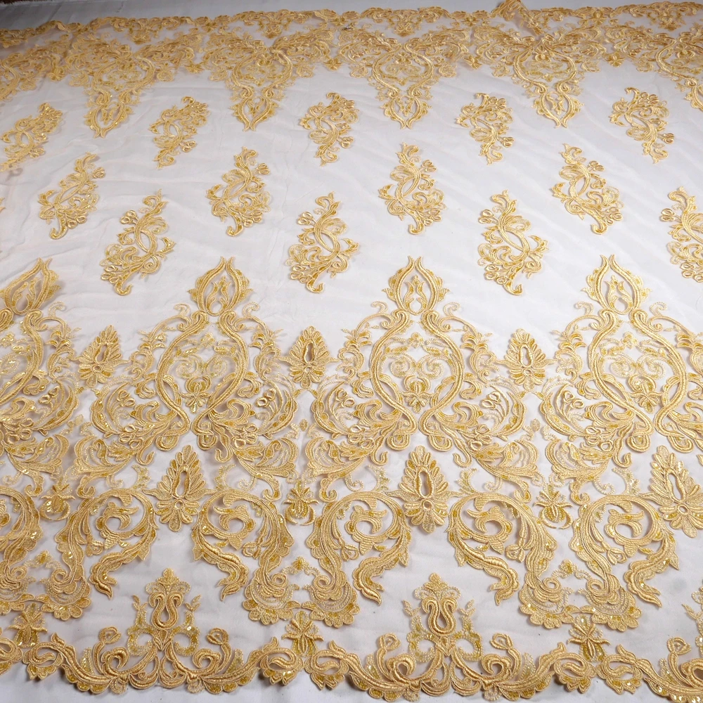 HelluyerDc Gold,Wine carded lace fabric,big&small patterns embroidery for wedding prom dress fabric easy to cut