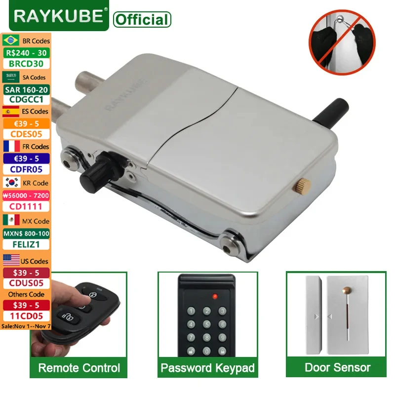 

RAYKUBE W39 Electronic Smart Door Lock Anti-theft Invisible Interior Lock With Remote Controller / Door Sensor For Self defense