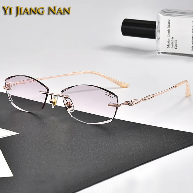 

Women Eyewear Titanium Engraved Diamond Trimmed Cut Optical Prescription Glasses Frame Tint Color Lens Lightweight Eyeglasses