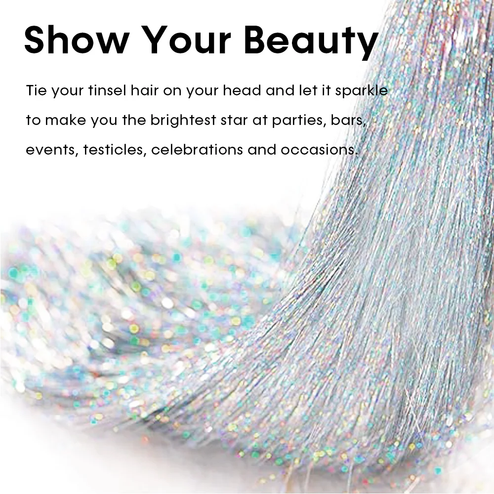 Synthetic Sparkling Tinsel Silver Clip In Hair Tinsel, Fairy Hair Tinsel Kit Glitter Colorful Clip On Tinsel Hair Extensions For