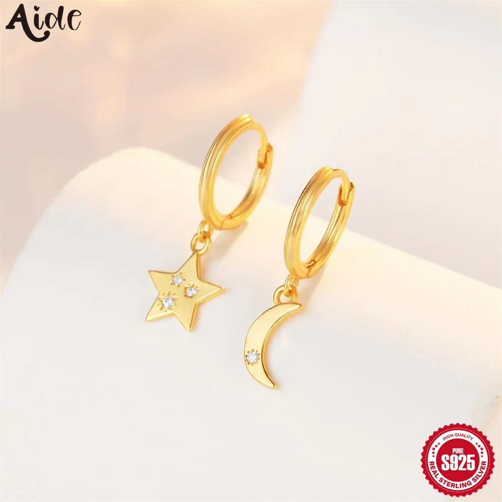 Aide 925 Sterling Silver Star Moon Mini Zirconia Hoops Earrings For Women Hypoallergic K Gold Huggie Elegant Piercing Jewelry