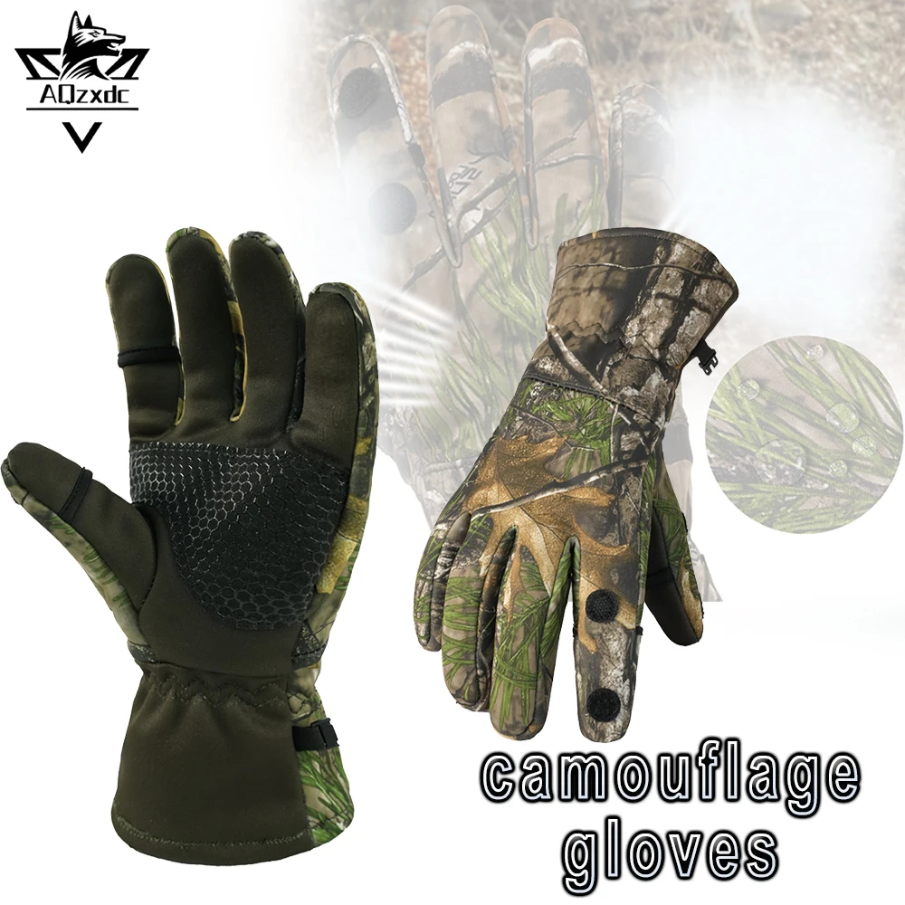 

Tactical Gloves Outdoor Bionic Hunting Camouflage Gloves Autumn Winter Polar Fleece Non-Slip Warm Waterproof Gloves for Fishing