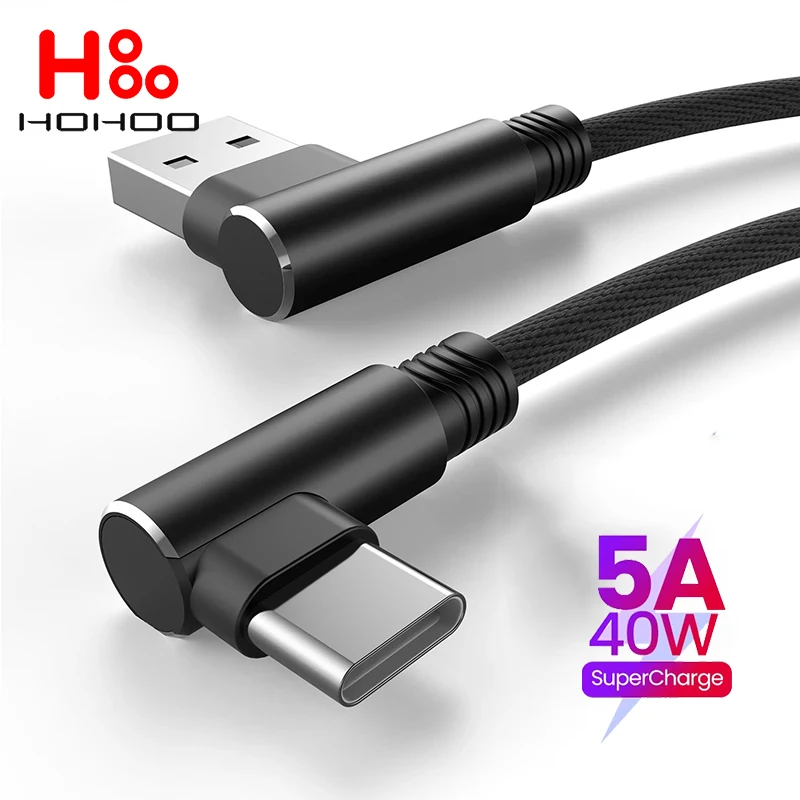 40W USB Type C Cable 90 Degree 5A Fast Charger Data Cord for Huawei Xiaomi Mobile Right Angled Phone Charging USB Type C Cable