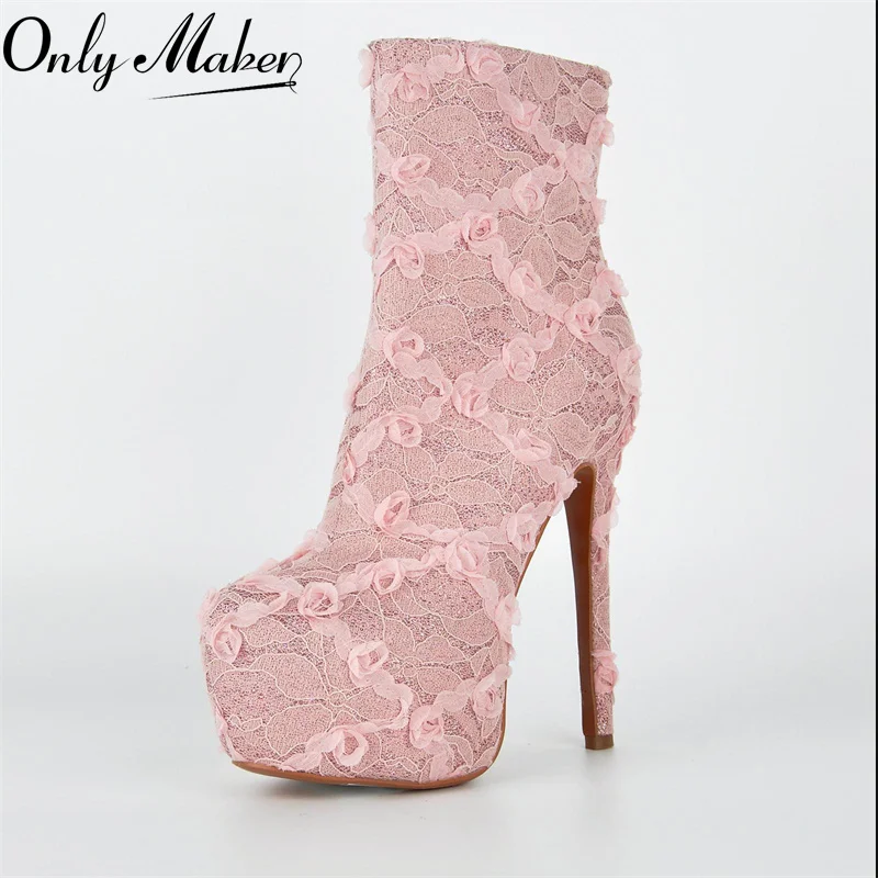 

Onlymaker Platform Pink Round Toe Floral Lace Stiletto Ankle Boots Thin Heel Side Zipper Fashion Elegant Booties