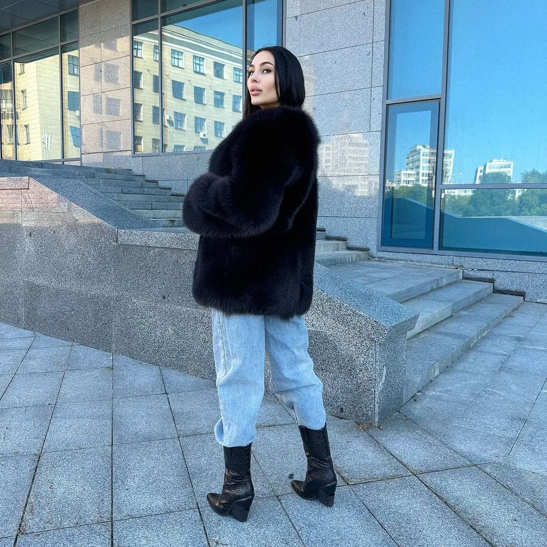 Mid-length Women Natural Fox Fur Jacket Round Collar High Quality Casual Winter Genuine Full Pelt Fox Fur Coats Luxury Woman