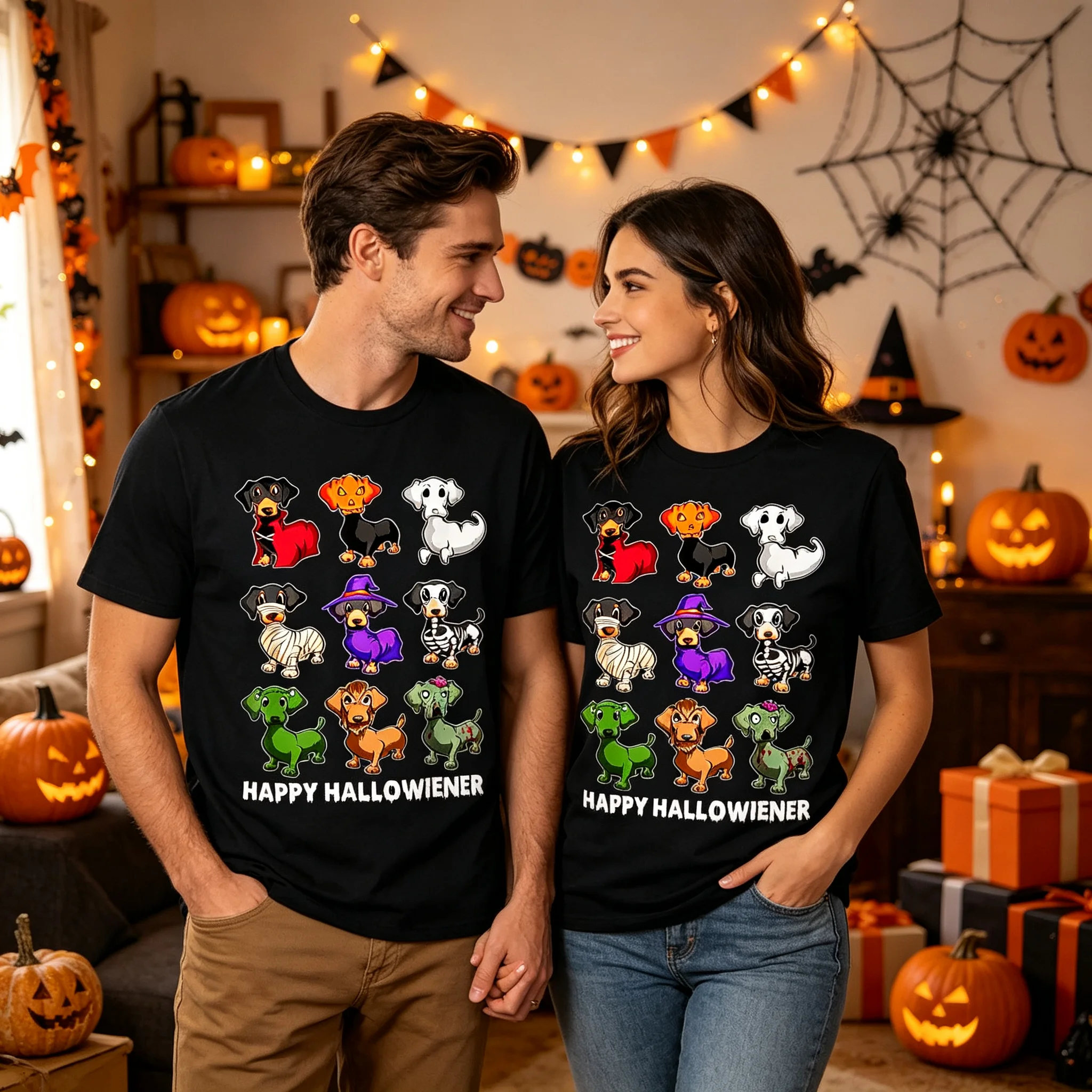 Happy Hallowiener Dachshund T‑Shirt, Halloween Costume Dachshund Dog Graphic Tee, Funny Wiener Dog Halloween Gift Shirt For Dog Lovers