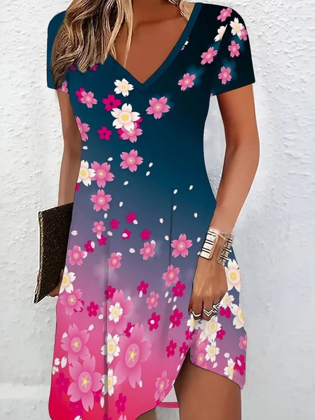 Ladies Summer V-Neck Short Sleeve Casual Mini Dress 3D Butterfly Pattern Gradient Print Women's Fashion Dress