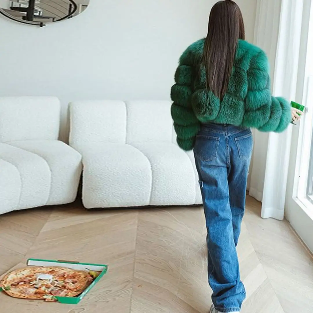Short Green Natural Fox Fur Jacket Round Collar High Quality Women Winter Fashion Genuine Fox Fur Coat Full Pelt Fur Overcoats