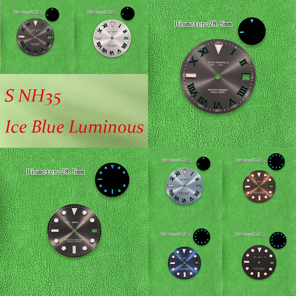 

S Nh35 Dial 28.5mm Y-ach-t Dial Roman dial Suitable for NH35 NH36 4R Movement Ice Blue Luminous Watch Modification Accessories