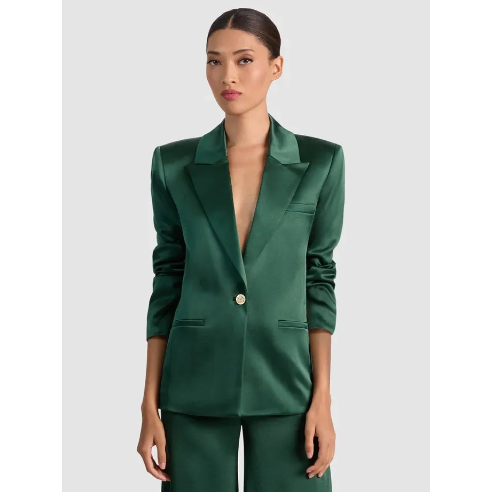 Terno feminino de cetim verde esmeralda – conjunto de blazer e calças com botão único para negócios e eventos formais