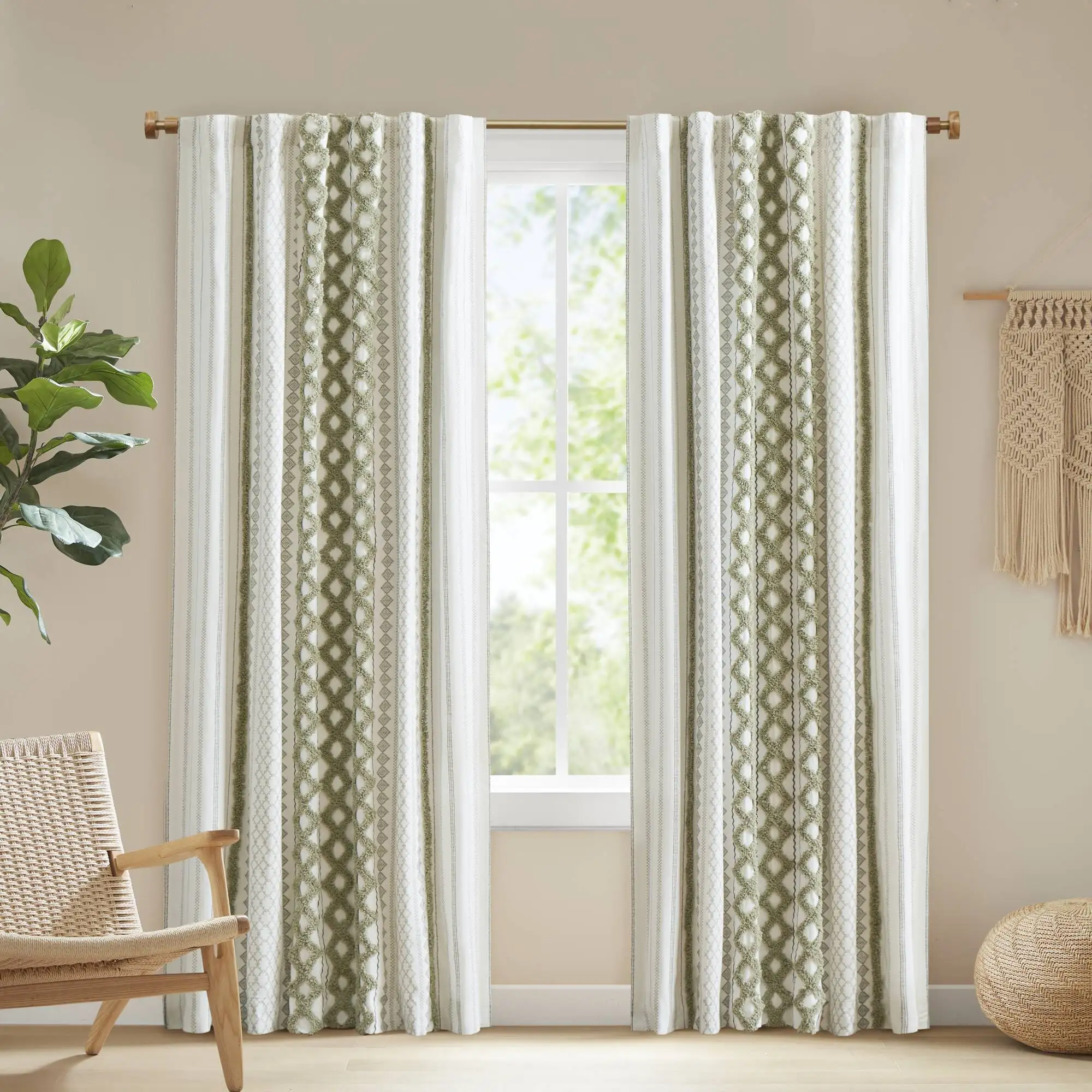 

1 PCS 50x84" Cotton Printed Curtain Panel with Chenille Stripe and Lining Green + Cotton