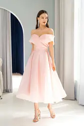 Off Shoulder Sweetheart Cross-surplice Neck A Line Prom Dresses Lace Up Backless Tea Length Short Sleeve Formal Evening Dress