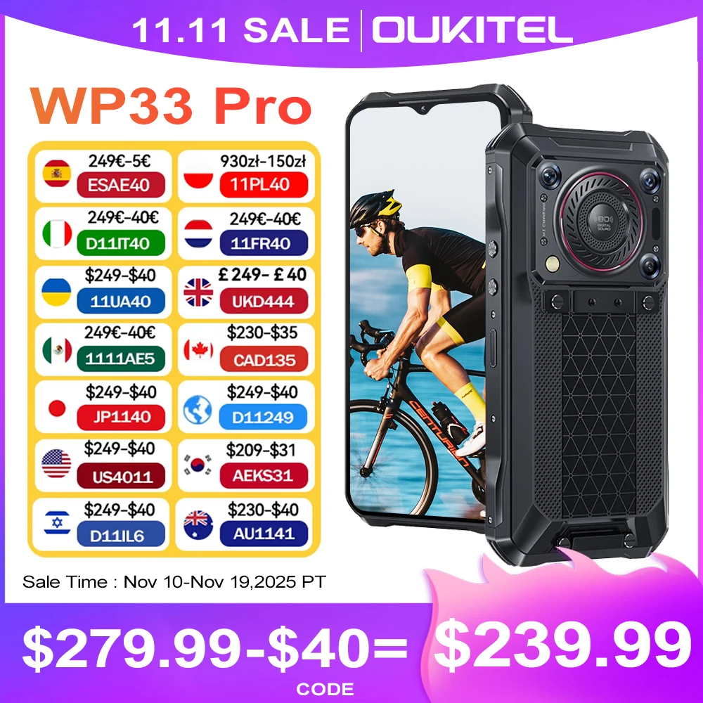 Oukitel WP33 Pro 5G 24GB 256GB Rugged Smartphone 22000mAh 6.6'' FHD+ 64MP Camera  33W Fast Charge Mobile Phone