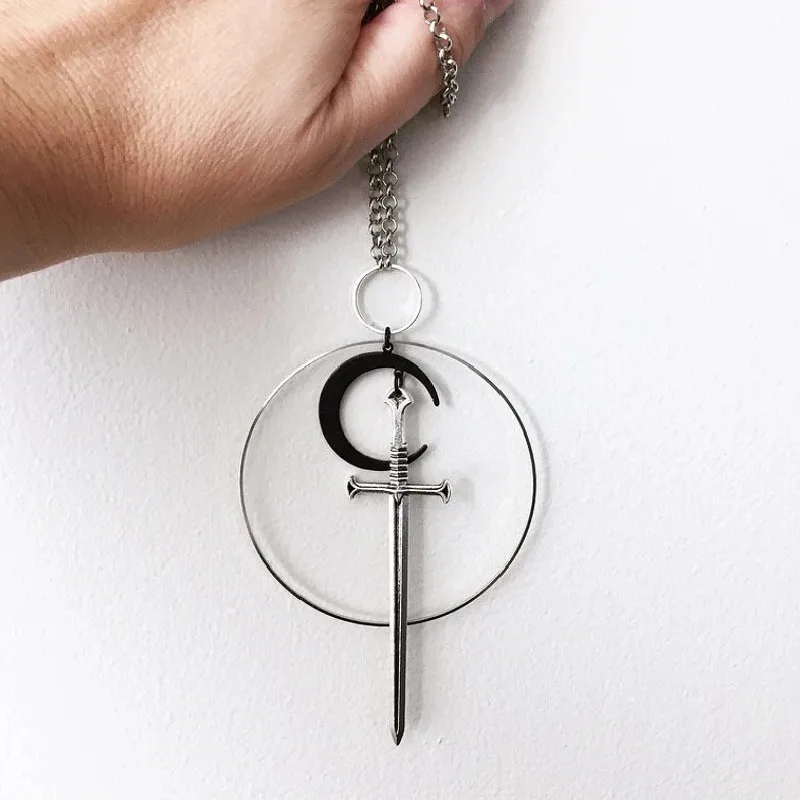 Letter Openr Envelope Opener Black Moon Sword Necklace Goth Fantasy Medieval Witchy Cosplay Statement Jewelry Classical Pendant