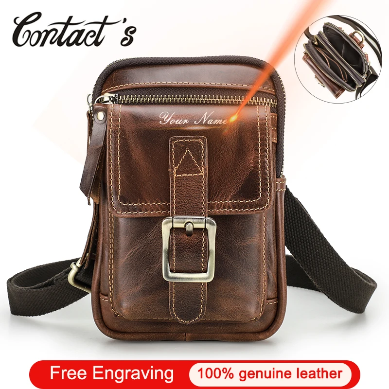 Contact\'s Vintage Men Shoulder Bag Engraving Genuine Leather Flap Small Crossbody Bags For Men Phone Pocket Fanny Pack Waist Bag