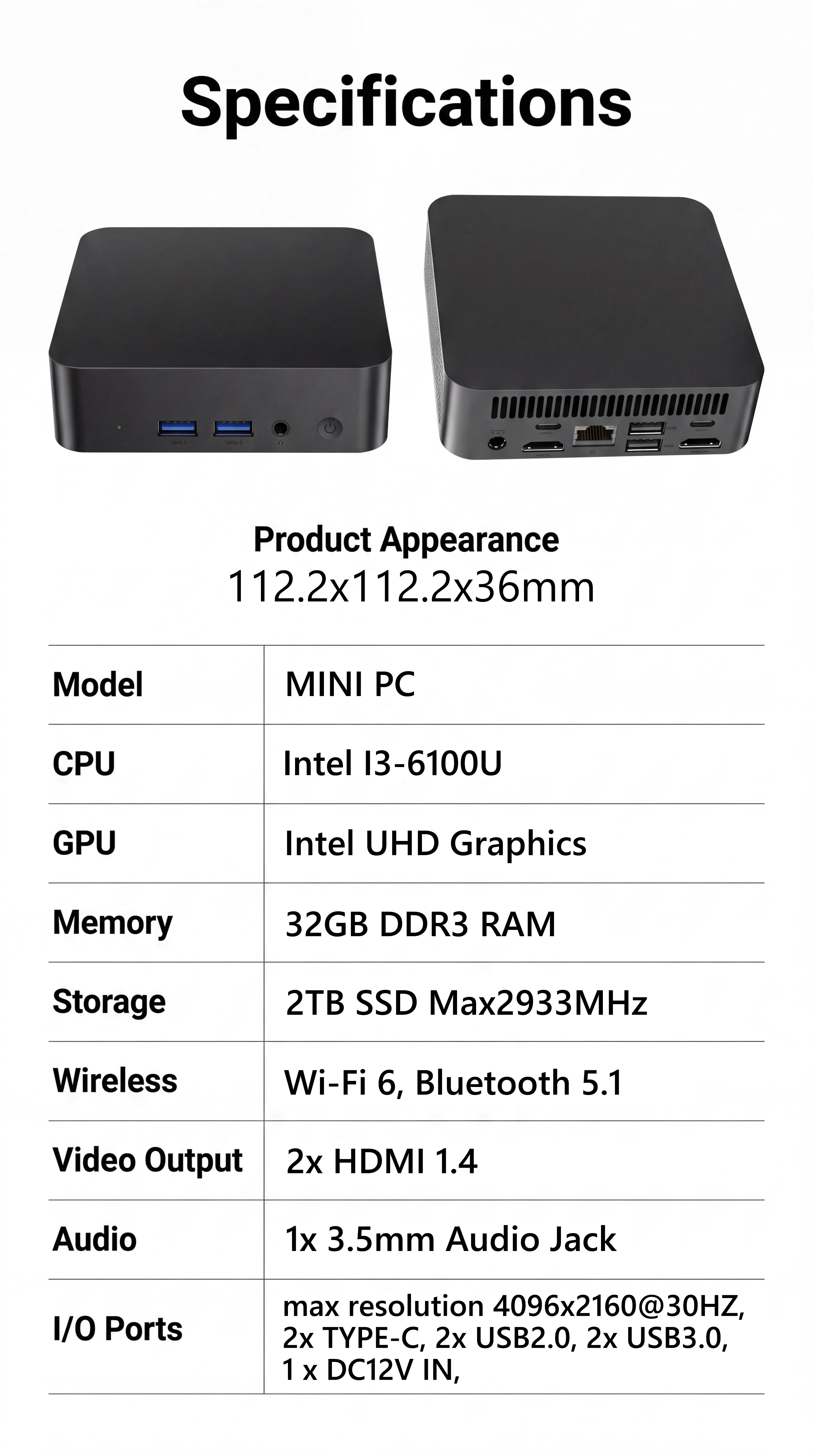 New Mini Pc Intel Core I3 6100U Windows 11 16Gb Ram 512Gb 2Tb Ssd 4K Type C Mini Pc Computer Wifi 6