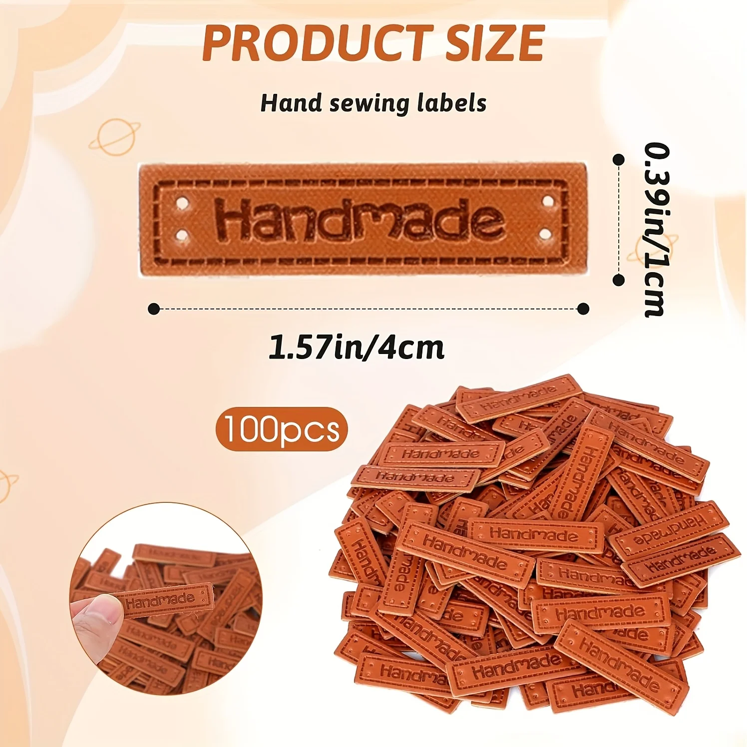 Picture 3: 100 Pcs Handmade Tags for Crochet and Knits Items PU Leather Labels Embossed Sew on Tag for Handmade Items DIY Craft Supplies