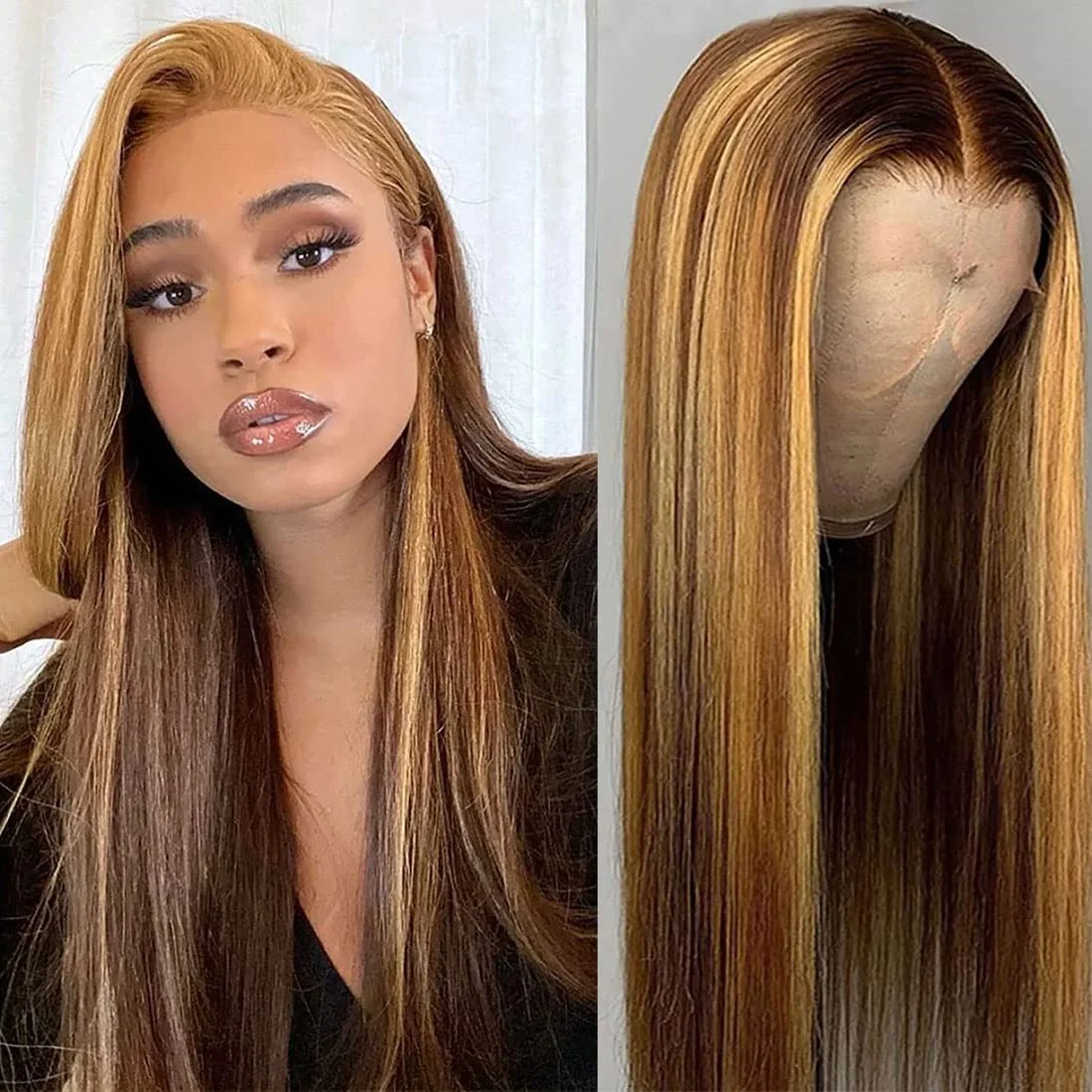 Highlight Ombre Lace Front Wig Straight Human Hair Transparent Lace 13x4 Human Hair Wigs P4/27 Honey Blonde Lace Front Wig