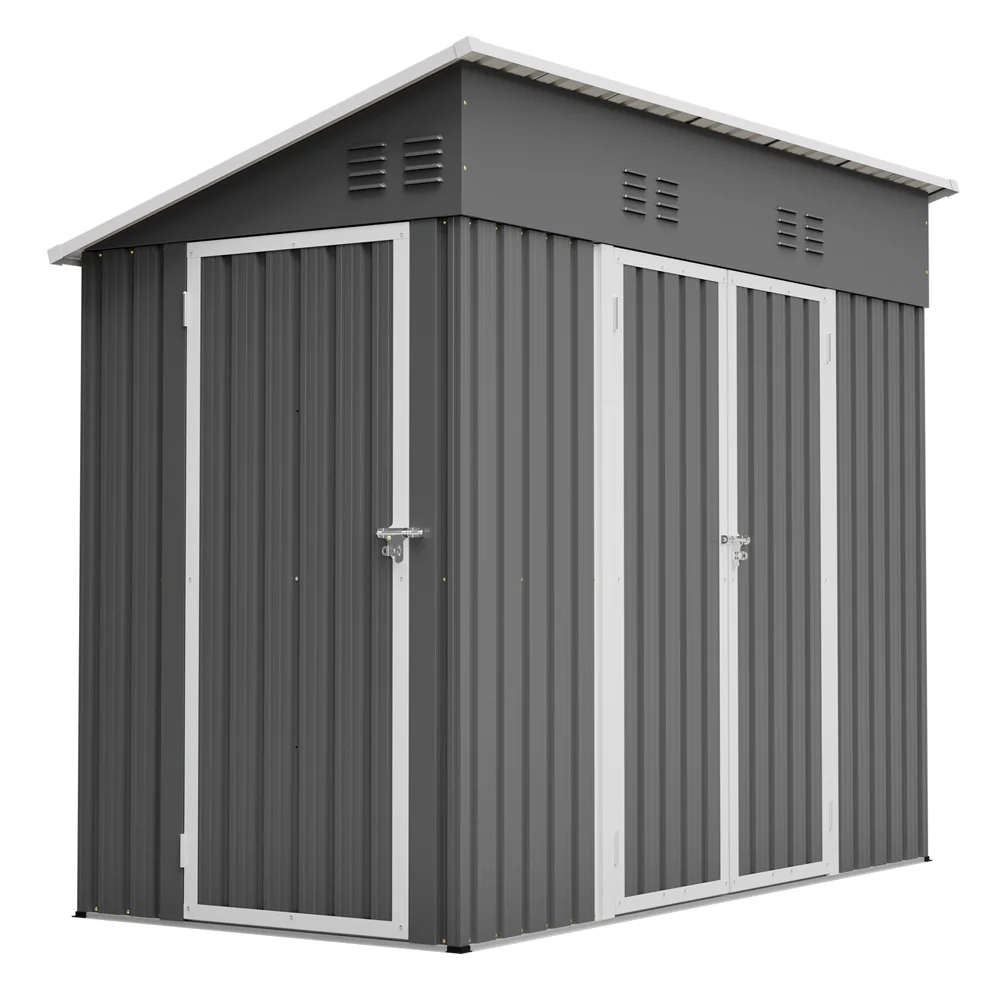 Metalen schuine waterdichte opslagruimte, 4x8 meter, dubbele deur, grijs, voor bijgebouw, buitenberging voor tuingereedschap, geschikt voor terras, tuin en binnenplaats.
