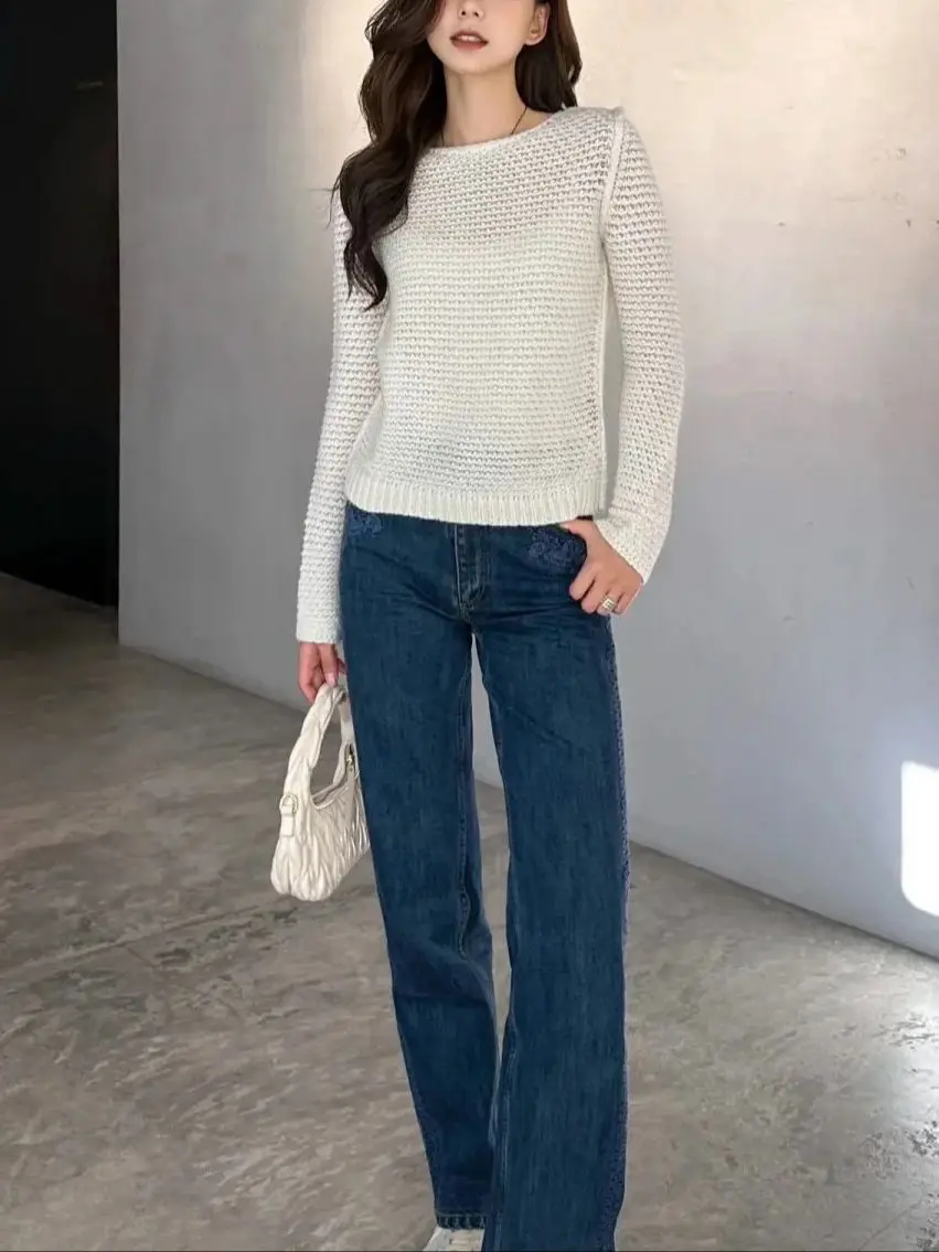 Casual 100% cashmere crocheted long sleeve pullover