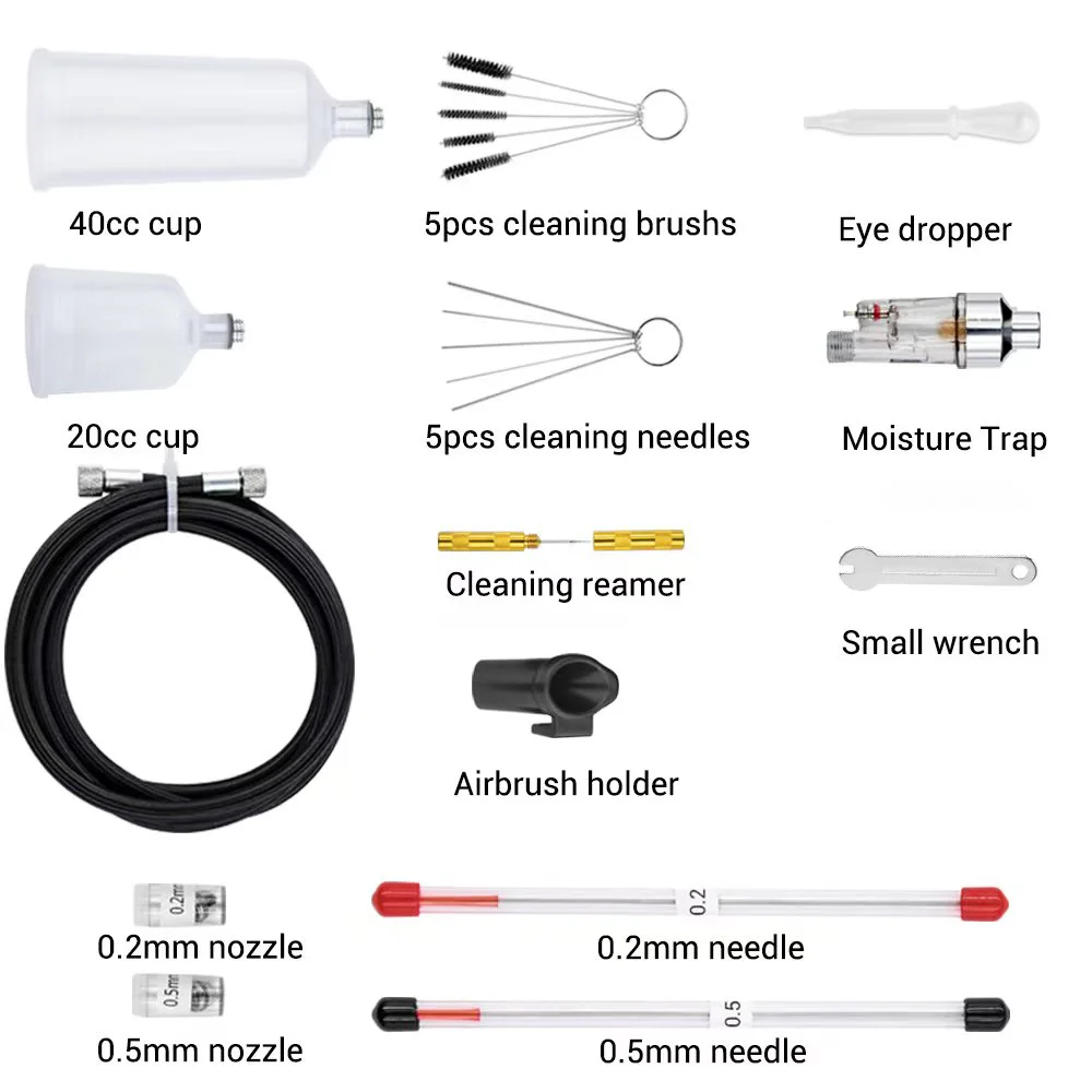 Trigger Air-Paint Control GunSide Feed Airbrush with Mini Grey Auto Stop Compressor Kit 0.2 0.3 0.5mm for Car/Body Painting Cake