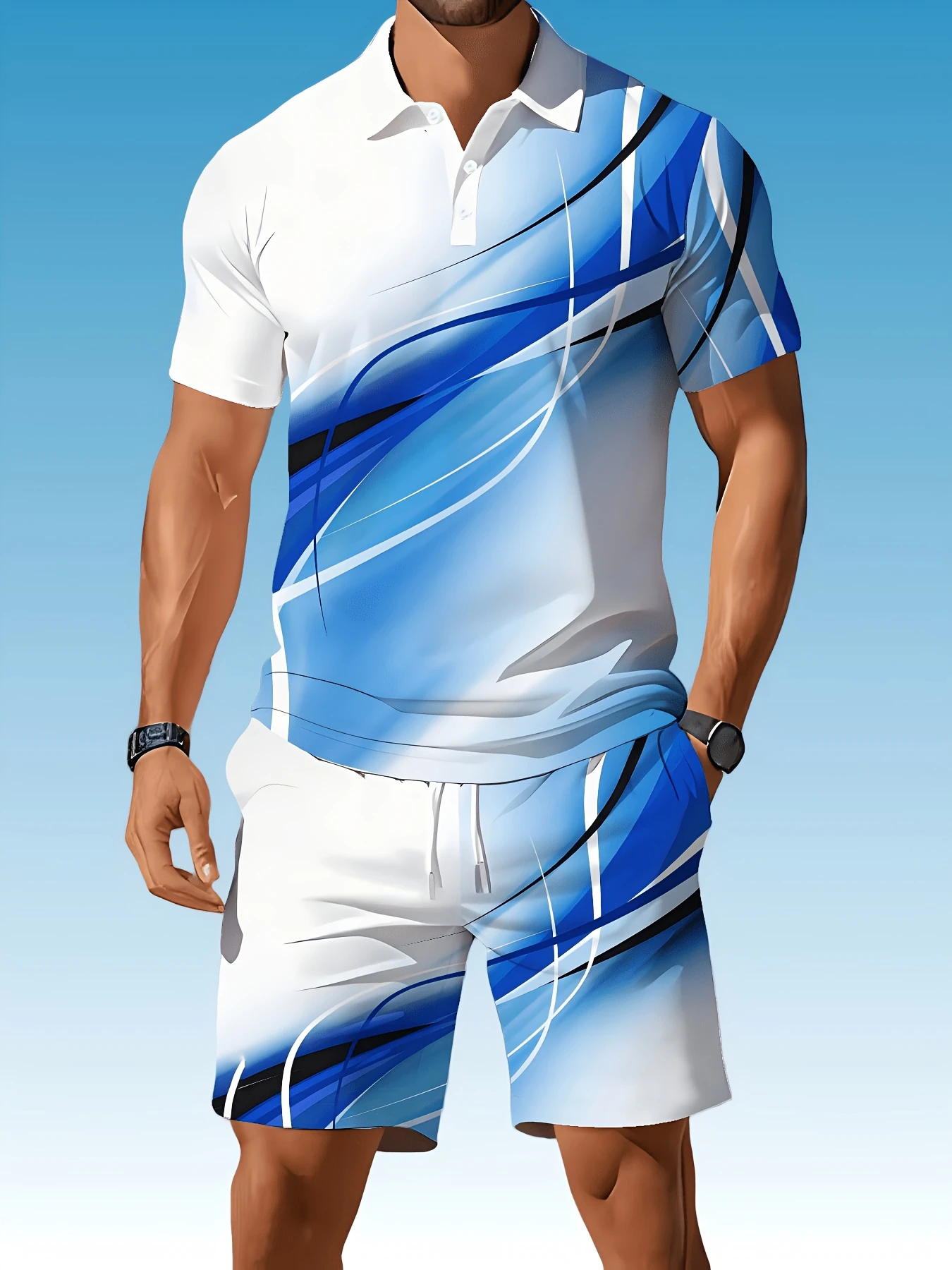 Men'S Fashion Line - เสื้อโปโลผู้ชายแฟชั่น ลายไล่เฉดสี เสื้อยืดแขนสั้นฤดูร้อน สไตล์ลำลอง ปกเสื้อเชิ้ต ลายทาง