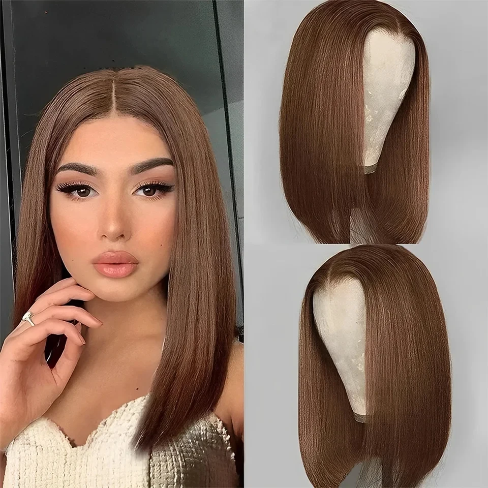 Peruca curta reta para mulheres, cabelo humano, 13x4 frente de renda, pré-arrancada, densidade de 180%, castanho chocolate