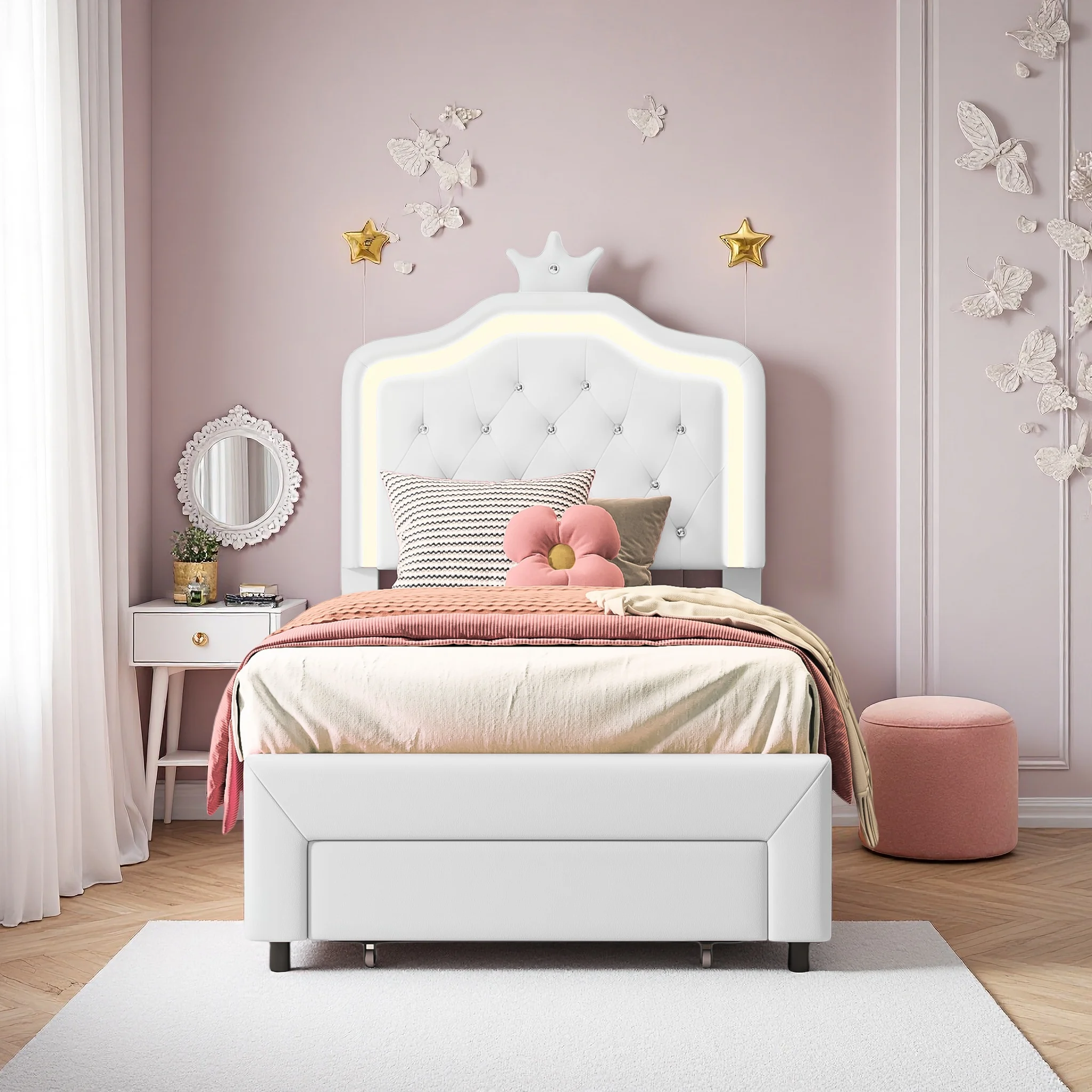 Letto singolo imbottito 90x200 cm, Letto bambino con cassetto, letto principessa con led regolabile, testiera letto ragazza regolabile in altezza