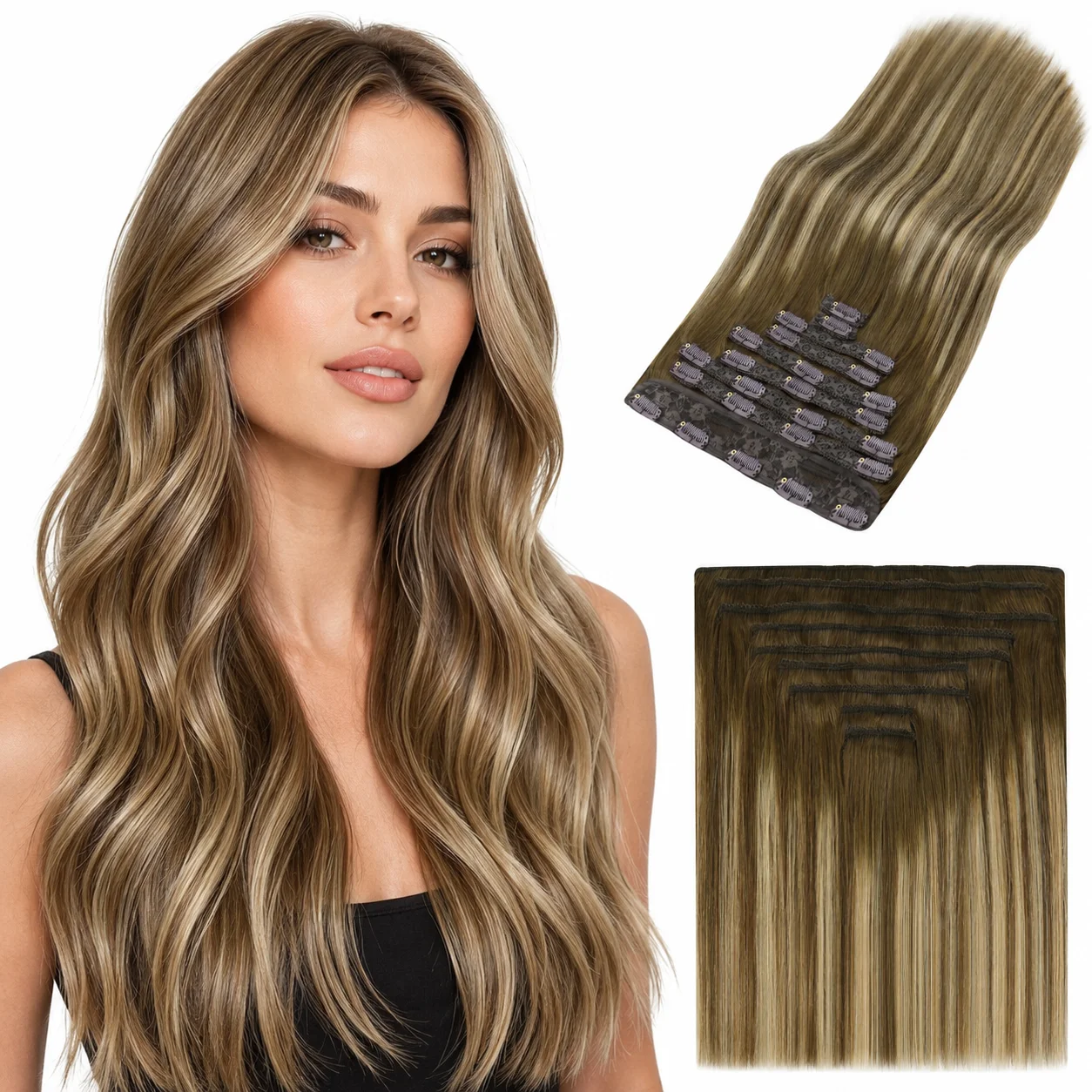 Moresoo 9 Pieces Clip-In Hair Extensions Brazilian Human Hair Thick 18-24 Inch Real Natural Hair Full Head Extensions Clip-Ins