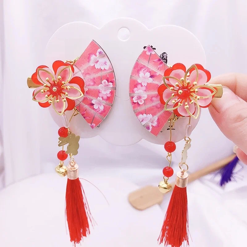 Accessoires pour cheveux japonais, épingle à cheveux avec pompon, couvre-chef Vintage, décoration Hanfu pour enfants filles, pince à cheveux à fleurs