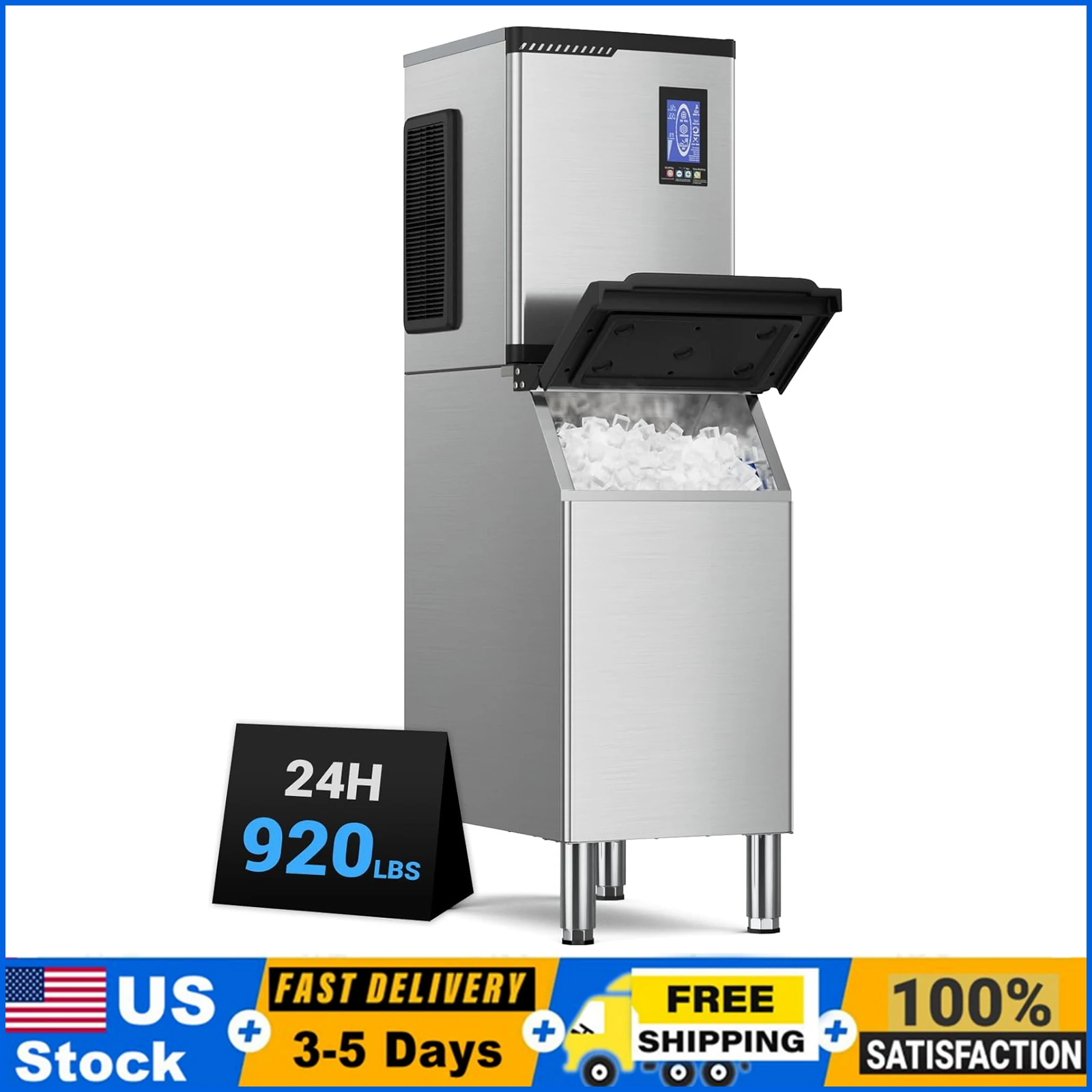

Промышленный льдогенератор 920 фунтов/24 часа, объем хранения 550 фунтов, большой промышленный аппарат для производства льда, лед готов за 5-15 минут, с функцией самоочистки